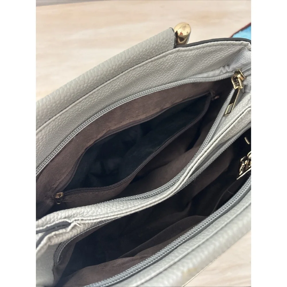Nicole & Doris Small Light Gray‎ Handbag Attachable Trapp PU Leather Gold Trim